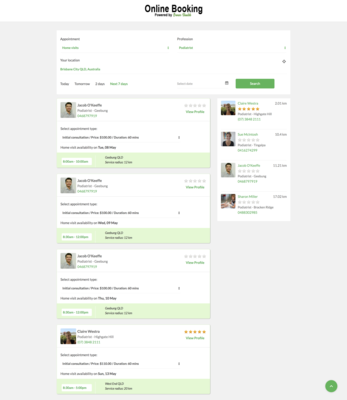 Improved Online Booking Page | Mobile Practitioners Online Bookings | Home-Visit Online Bookings